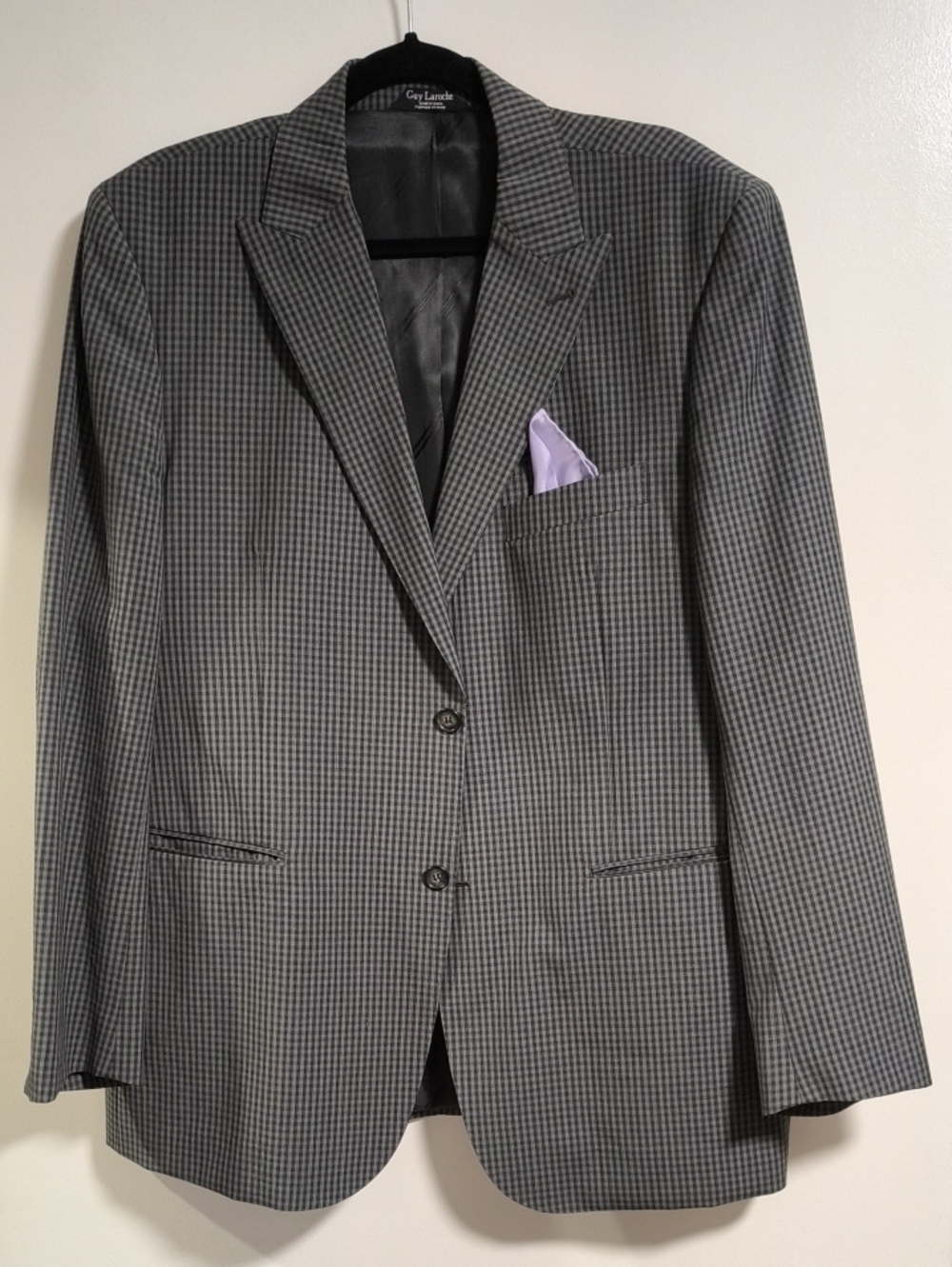 Guy Laroche Gray Checked Blazer with Lavender Pocket Square